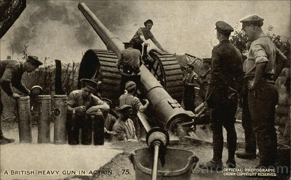 A British Heavy Gun in Action World War I