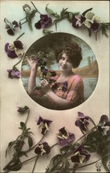 Girl Holding Bouquet of Pansies Women Postcard Postcard