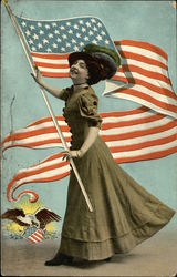 Woman Waving American Flag Postcard