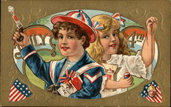Two Children Playing with Fireworks Postcard