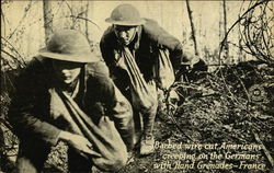 Barbed Wire Cut Americans Creeping on the Germans with Hand Grenades - France Postcard