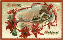 A Merry Christmas - Church and Poinsettias Postcard