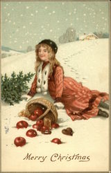 Merry Christmas - Girl with Basket of Apples Postcard
