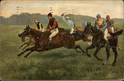 Horse Race In Open Field, With Colorful Jockeys Horse Race In Open Field, With Colorful Jockeys