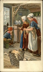 Young Boy Turns the Wheel for Two Dutch Women Spinning Wool Into Yarn Postcard