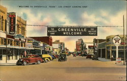 Lee Street Looking East and Welcome SIgn Greenville, TX Postcard Postcard