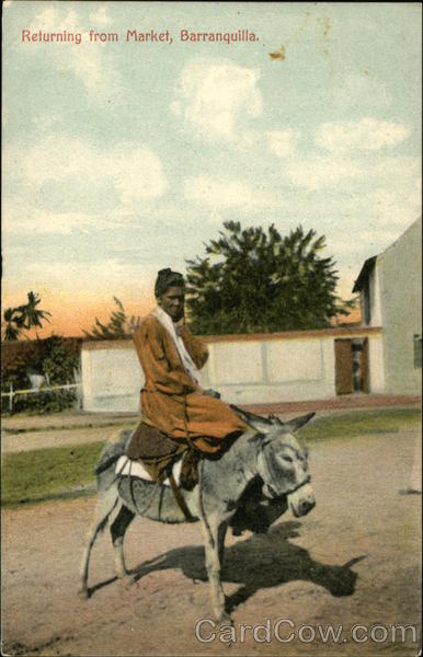 Woman on Donkey Returning from Market Barranquilla Colombia