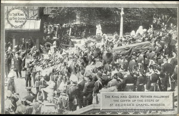 The King and Queen Mother following the coffin up the steps of St. George's Chapel London England