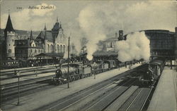Adieu Zürich / Farewell Zurich / View of Zürich Hauptbahnhof with two locomotives Postcard