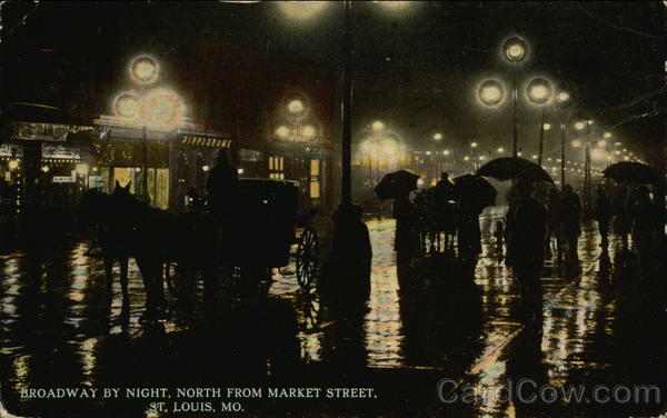 Broadway by Night, North from Market Street St. Louis Missouri