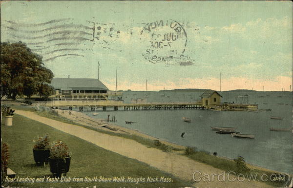 Boat Landing and Yacht Club from South Shore Walk Houghs Neck Massachusetts