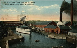 USS New York Entering Dry Dock, Puget Sound Navy Yard Postcard