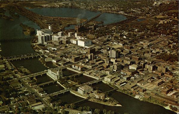 View of Municipal Island and the Quaker Oats Co., Chamber of Commerce Building Cedar Rapids Iowa