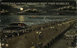 Boardwalk and REst Pavilion by Night Coney Island, NY Postcard Postcard