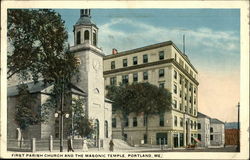 First Parish Church and The Masonic Temple Postcard