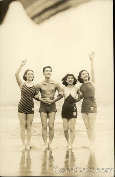 Four Japanese Bathers at Beach Asian