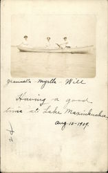 Jeanette, Myrtle & Will Rowing in Boat, Lake Maxinkuckee Postcard