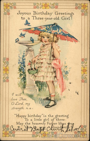 Joyous Birthday Greetings to a Three-year-old Girl!