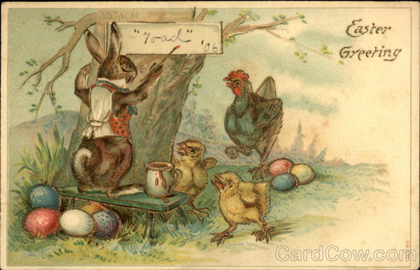 Easter Greeting with Bunny painting sign and Hen with Chicks looking on