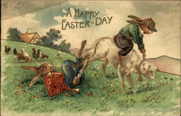 A Happy Easter Day - Bunnies Dressed in Coats & Pants Riding Lamb