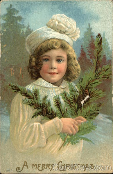 A Merry ChristmasGirl in White Hat holding pine branch