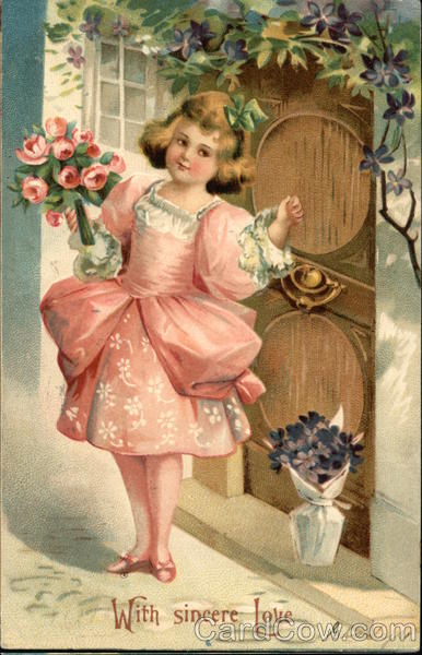 With Sincere Love - Girl Dressed in Pink holding Flowers, Knocking at Door