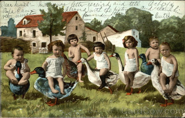 Children Riding on Ducks and Geese Multiple Babies
