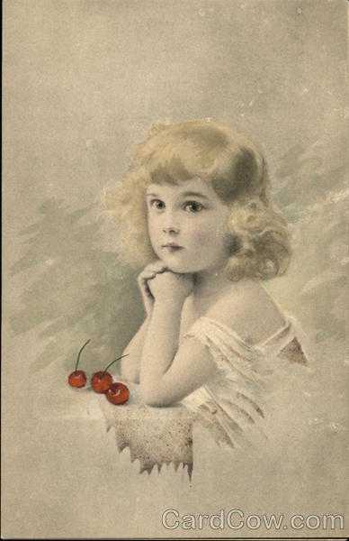 Portrait of Young Blonde Girl Posing with Red Cherries