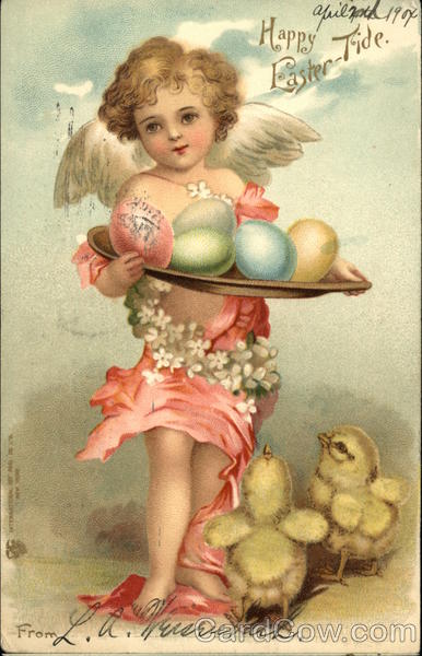 Happy Easter-Tide - Cherub Holding Colorful Eggs, Baby Chicks at Feet