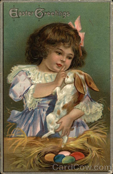 Easter Greetings - Little Girl in Blue Holding Bunny