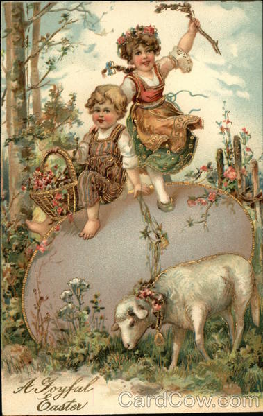 A Joyful Easter - Children with Flowers and Ribbons Playing near Lamb