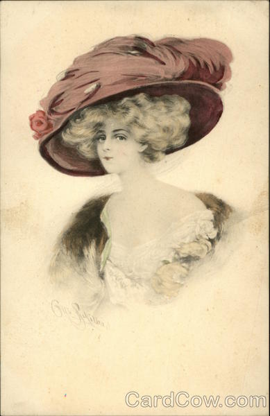 Victorian Woman with Wide-Brimmed Brown Hat with Feathers and Flower