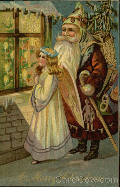 A Merry Christmas - Santa and Angel Looking in Window from the Snow