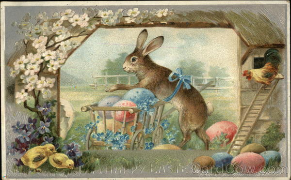 A Happy Easter - Bunny with Colorful Eggs in Cart, Hen and Baby Chicks look on