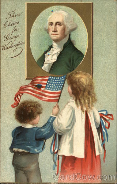2 children, one waving flag, looking at portrait of Washington