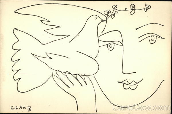 Pen and Ink of Woman Holding Dove with Olive Branch