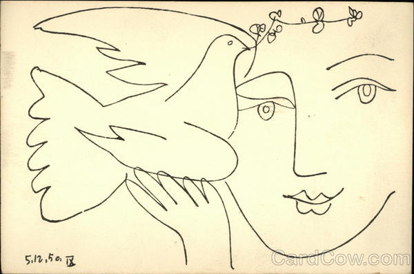 Pen and Ink Sketch of Woman Holding Dove with Olive Branch