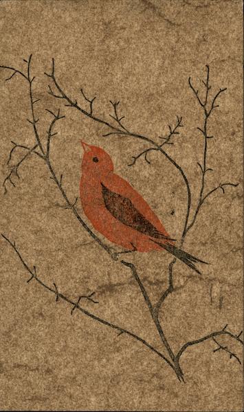 Block Print of Red Bird on Branches Gwen Frostic Birds