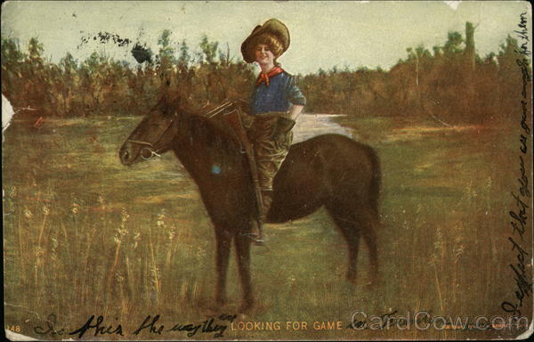 Looking for Game - Cowgirl with Rifle on Horseback