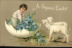 A Joyous Easter - Young Boy sitting in Egg Shell with Blue Flowers, Two White Lambs With Lambs Postcard Postcard