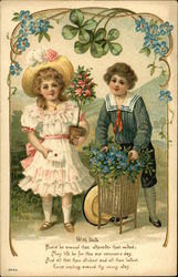 Two Children With Roses and Forget-me-nots Postcard