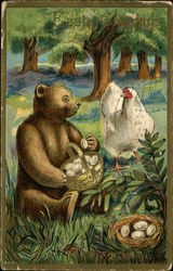 Bear and Chicken Gathering Eggs Postcard