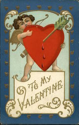 To My Valentine with Cupid Holding Heart Shot with Arrow Postcard Postcard