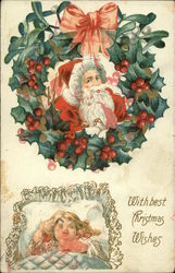 With Best Christmas Wishes - Santa, Holly Wreath, and Sleeping Child Postcard