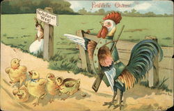 Happy Easter - Rooster standing guard with rifle over chicks while bunny looks on Postcard