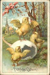 Happy Easter - Chicks and Hatched Egg with Church in the Background With Chicks Postcard Postcard