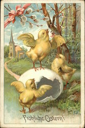 Happy Easter - Chicks and Hatched Egg with Church in the Background Happy Easter - Chicks and Hatched Egg with Church in the Background