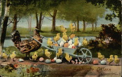 Happy Easter - Hen with Eggs and Chicks in Wheel Barrow Happy Easter - Hen with Eggs and Chicks in Wheel Barrow