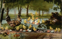 Happy Easter - Hen with Eggs and Chicks in Wheel Barrow With Chicks Postcard Postcard