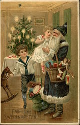 German Santa in Blue Robe with Children, Toys, and Tree Santa Claus Postcard Postcard